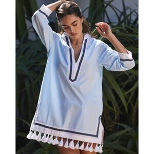 Hermoza Monica Tunic Robin Blue White Mini Dress Cover Up Small Boho Beachy